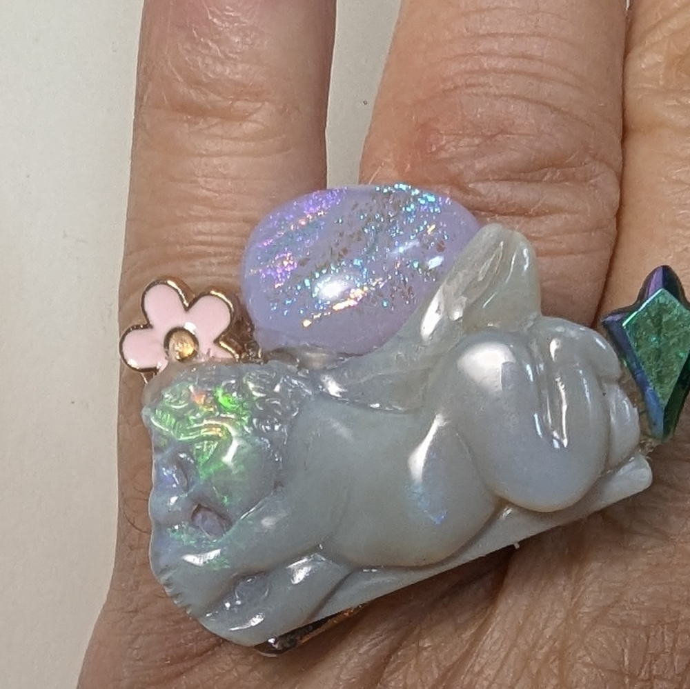 Wendy Ge11 ring , Angel of Opal with dichroic glass , flower and little spear